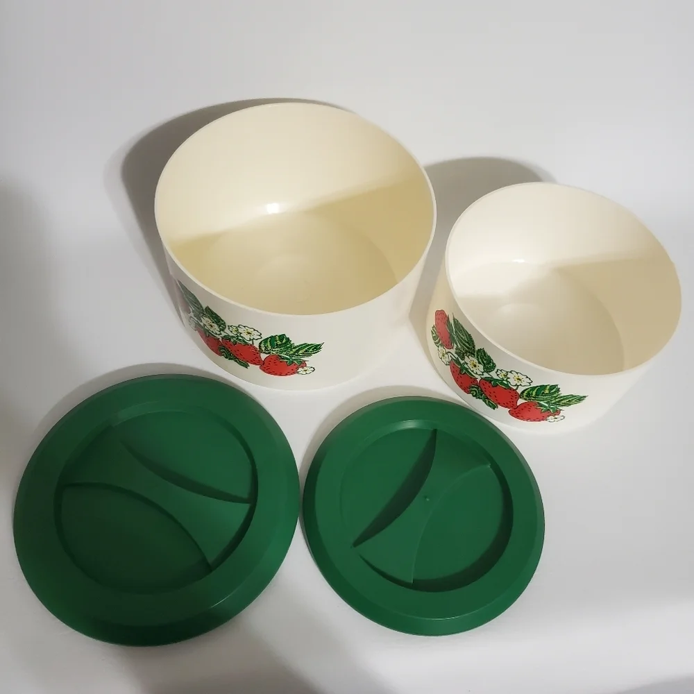 Vintage Sterilite Strawberry Plastic Canisters Organizers Containers Green Lids